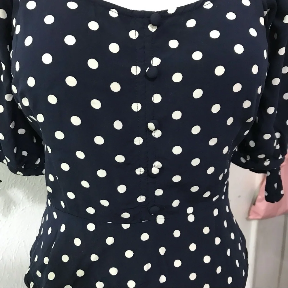 J. Crew Blue Polka Dot Smocked Puff Sleeve Blouse Size Small